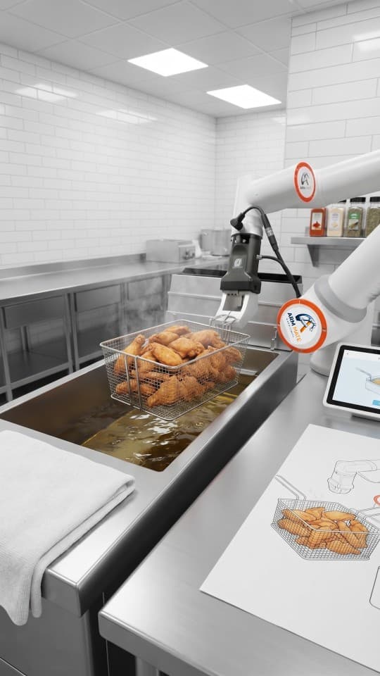 White cobot lifting a wire basket of fried chicken over a commercial fryer.