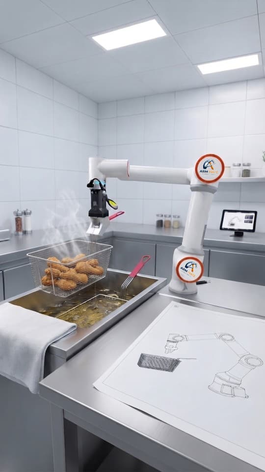 White cobot holding a wire basket of food over a stainless fryer in a commercial kitchen.